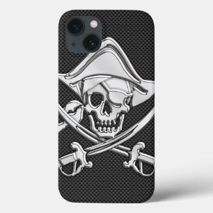 Zilver glimlachend piraat op koolstofvezelstijl iPhone 13 hoesje