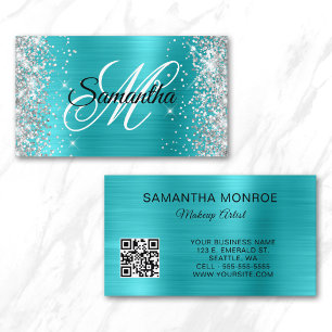 Zilver Glitter Aqua Blauwe Folie Monogram QR Code Visitekaartje