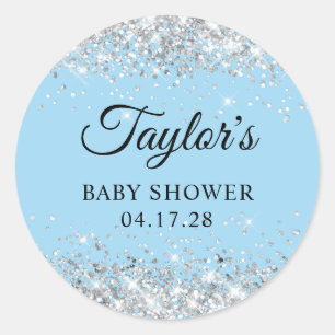 Zilver Glitter Blauwe Baby Shower Ronde Sticker