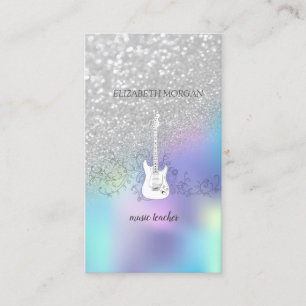 Zilver Glitter Bokeh, Gitaar, Blauw Holografisch Visitekaartje
