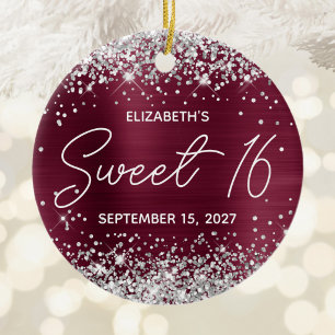 Zilver Glitter Bourgondië Folie Fancy Sweet 16 Fot Keramisch Ornament