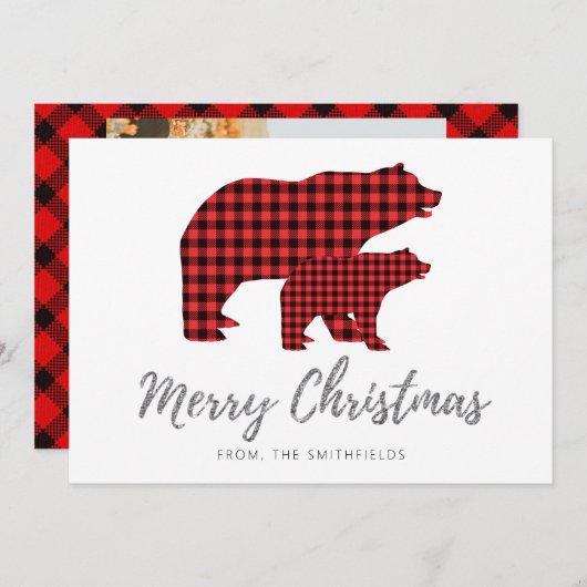 Zilver Glitter Buffalo geruite Beer Kerstmis Feestdagenkaart (Voorkant / Achterkant)