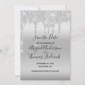 Zilver Glitter Drip Glam Trendy Bewaar de Datum Save The Date (Voorkant)
