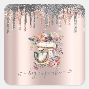 Zilver Glitter Drips Bloem Mixer Roze Goud Vierkante Sticker