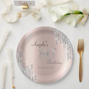 Zilver Glitter Drips Roze Goud 80ste Verjaardag Papieren Bordje