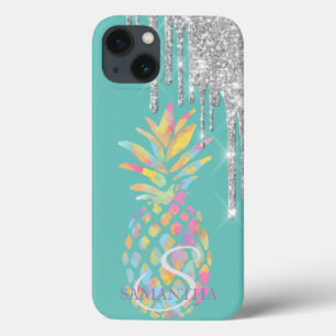 Zilver Glitter Druppels Ananas Mint Groen iPhone 13 Hoesje