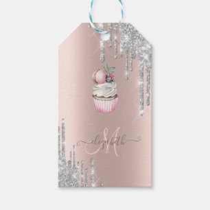Zilver Glitter Druppels Roze Gouden Monogram Cupca Cadeaulabel