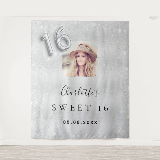 Zilver glitter foto welcome Sweet 16 Wandkleed (Voorkant)