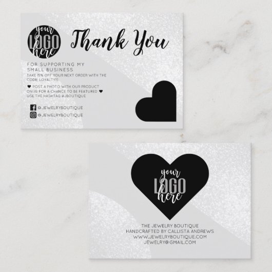 Zilver Glitter Geo Hart Logo Klant Bedankt Visitekaartje (Voorkant / Achterkant)