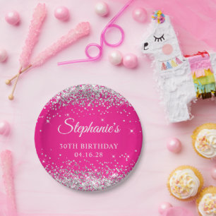 Zilver Glitter Heet Roze 30e Verjaardag Papieren Bordje
