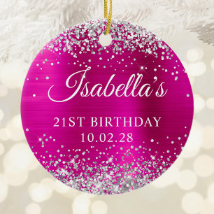 Zilver Glitter Heet Roze Folie 21e Verjaardag Foto Keramisch Ornament
