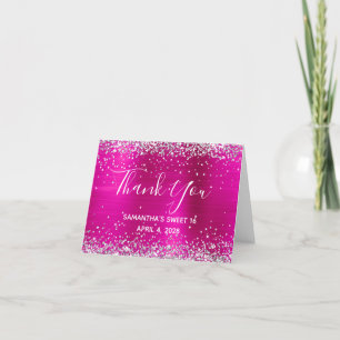Zilver Glitter Heet Roze Folie Sweet 16 Bedankkaart