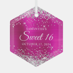 Zilver Glitter Heet Roze Folie Sweet 16 Glas Ornament