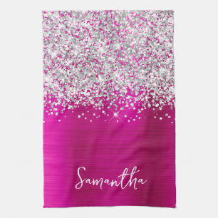 Zilver Glitter Heet Roze Glam Naam Theedoek