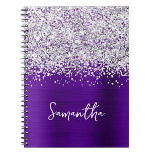 Zilver Glitter Indigo Paarse Glam Script Naam Notitieboek