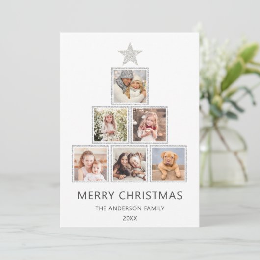 Zilver Glitter | Kerstfotofeestdag Kaart (Staand voorkant)