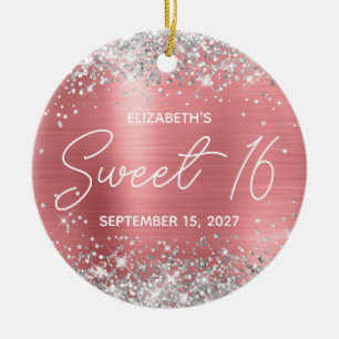 Zilver Glitter Koraal Moderne Fancy Sweet 16 Foto Keramisch Ornament