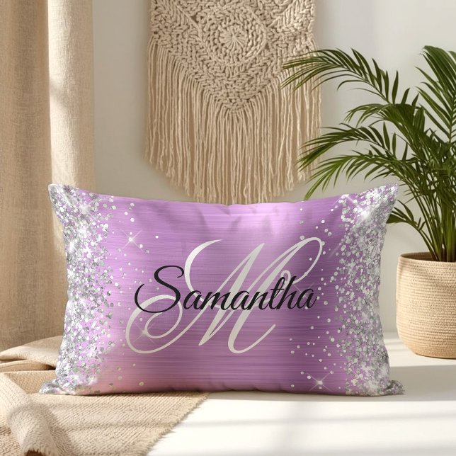 Zilver Glitter Lavendel Folie Fancy Monogram Kussen (Silver Glitter Lavender Foil Fancy Monogram Lumbar Pillow)
