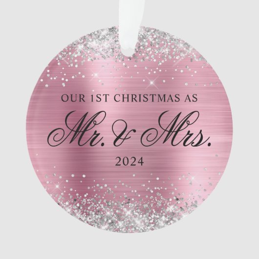 Zilver Glitter Licht Roze Folie Onze Eerste Kerstm Ornament (voorkant)
