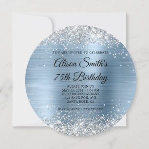 Zilver Glitter Lichtblauw Monogram 75ste Verjaarda Kaart