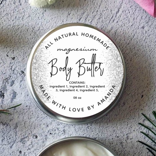 Zilver glitter magnesium body butter label