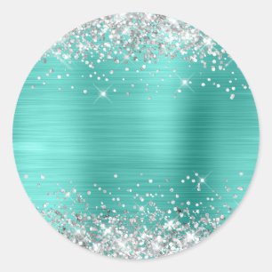 Zilver Glitter Metaal Turquoise Blanco Ronde Sticker