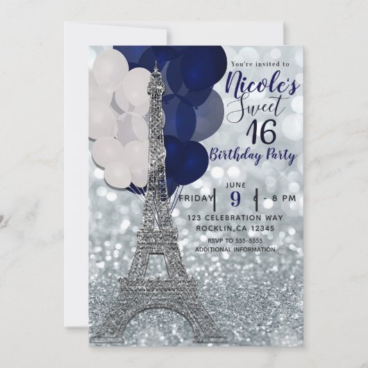 Zilver Glitter Navy Ballonnen Parijs Eiffeltoren Kaart (Voorkant)