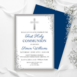 Zilver Glitter Navy Blauwe Eerste Heilige Communie Kaart