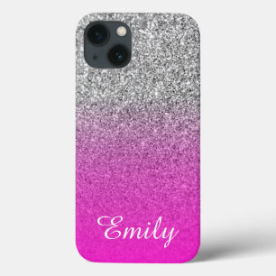 Zilver Glitter Neon Roze Ombre Persoonlijk iPhone 13 Hoesje