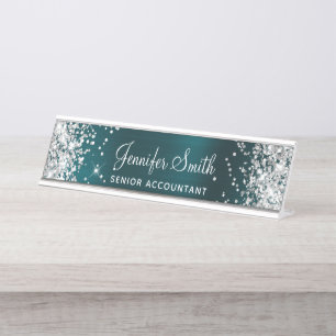 Zilver Glitter Nep Donker Turquoise Folie Bureau Naambordje