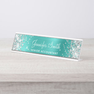 Zilver Glitter Nep Helder Turquoise Folie Bureau Naambordje