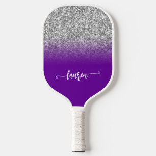 Zilver Glitter Paars Purper Ombre Modern Schrift Pickleball Paddle