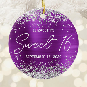 Zilver Glitter Paarse Fancy Sweet 16 Foto Keramisch Ornament