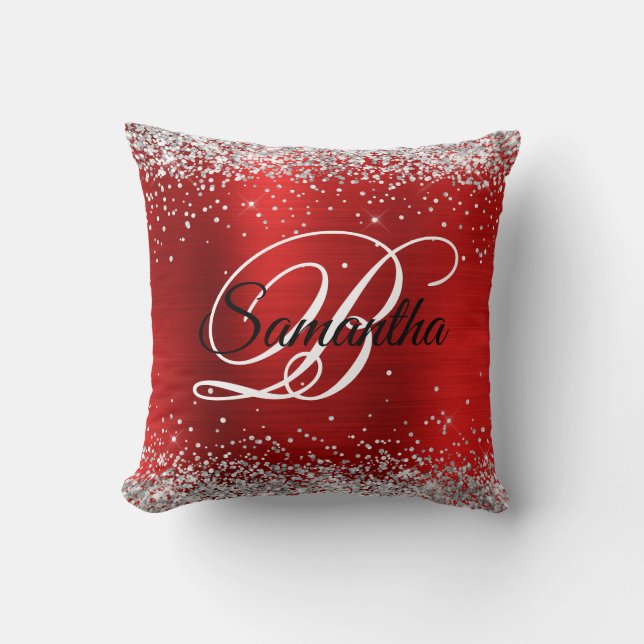 Zilver Glitter Rode Folie Fancy Monogram Kussen (Voorkant)