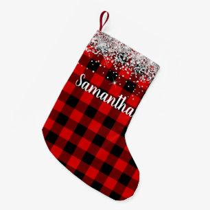 Zilver Glitter Rood en Zwart Buffalo Plaid Kleine Kerstsok
