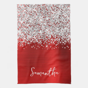 Zilver Glitter Rood Glam Naam Theedoek