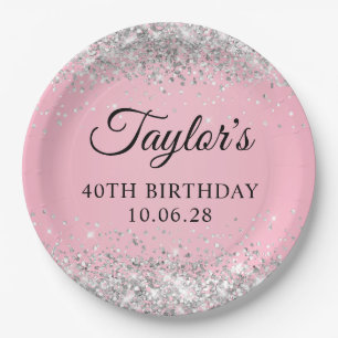 Zilver Glitter Roze 40e Verjaardag Papieren Bordje