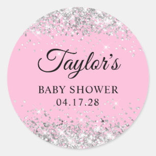 Zilver Glitter Roze Baby Shower Ronde Sticker