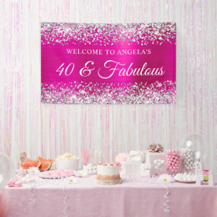 Zilver Glitter Roze Folie 40 & Fabulous Welkom Spandoek