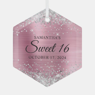 Zilver Glitter Roze Folie Sweet 16 Glas Ornament