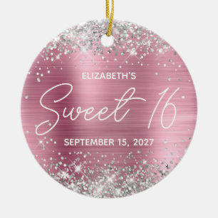 Zilver Glitter Roze Moderne Fancy Sweet 16 Foto Keramisch Ornament