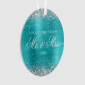 Zilver Glitter Turquoise Blauwe Folie 1e Kerstmis Ornament (voorkant)