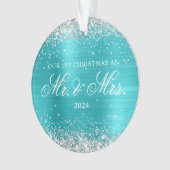 Zilver Glitter Turquoise Blauwe Folie 1e Kerstmis Ornament (voorkant)