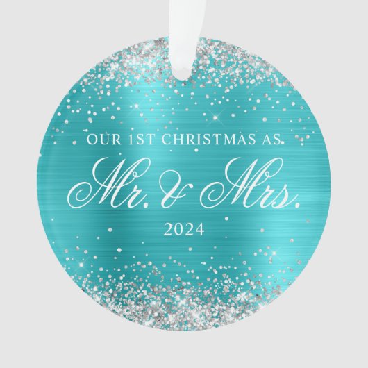 Zilver Glitter Turquoise Blauwe Folie 1e Kerstmis Ornament (voorkant)