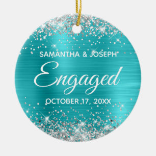 Zilver Glitter Turquoise Blauwe Folie Verloving Keramisch Ornament