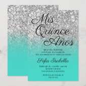 Zilver Glitter Turquoise Ombre Mis Quince Años Kaart (Voorkant / Achterkant)