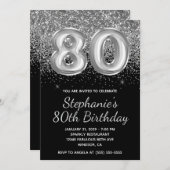 Zilver Glitter Zwart Ballon 80e Verjaardag Kaart (Voorkant / Achterkant)