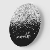 Zilver Glitter Zwarte Script Naam Grote Klok (Hoek)