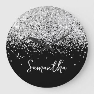 Zilver Glitter Zwarte Script Naam Grote Klok