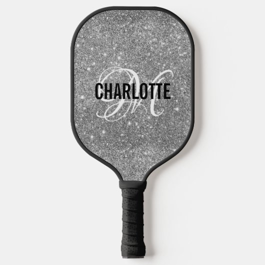 Zilver glitters witte script monogram naam pickleball paddle (Voorkant)
